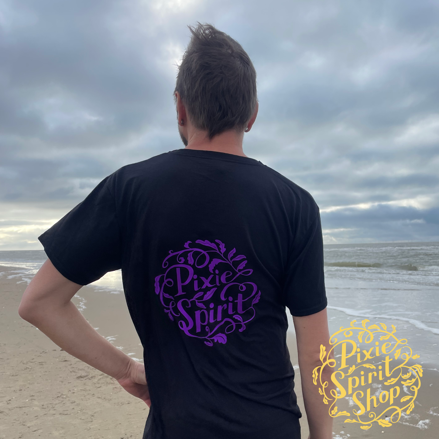 Heren T-shirt V hals - Pixie Spirit Logo rug paars