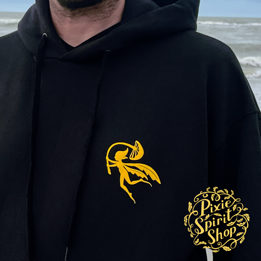 Heren Hoodie - Logo Pixie Spirit rug geel