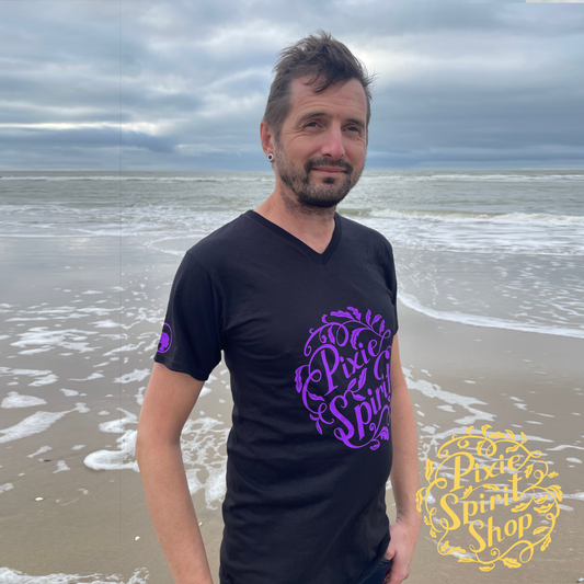 Heren T-shirt V hals - Pixie Spirit Logo borst paars